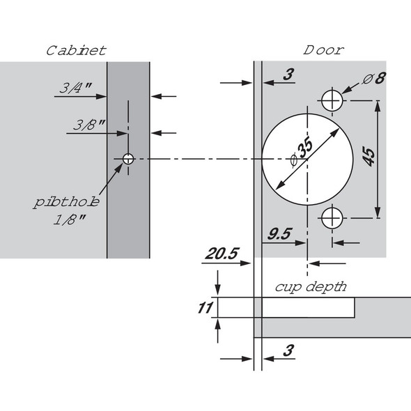 COMPACT CLIP 30C2 face frame hinges, 105 Degrees opening,  (7/16" cup depth), 5/8" overlay, Press-in